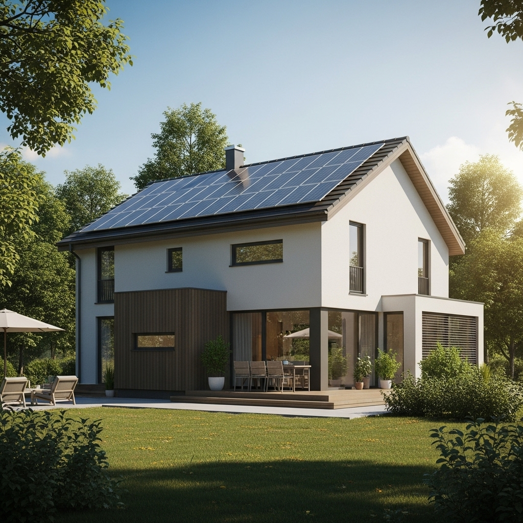 Maison moderne avec panneaux solaires sur le toit